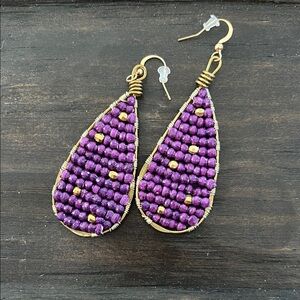 Purple and Gold Beaded Teardrop Earrings